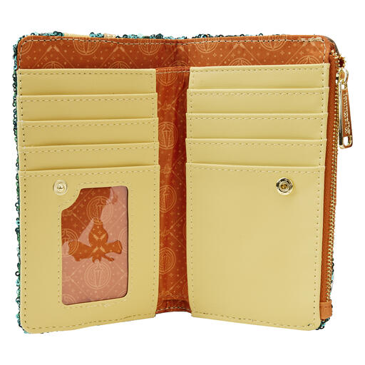 Interior shot of the Merida Sequin wallet with orange lining and yellow card slots. There are 7 card slots and 1 clear slot for an ID.